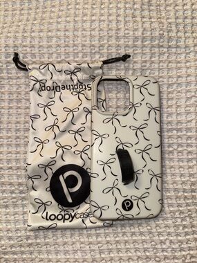 Loopy Case White Phone Case with Black Bow Pattern and Black Loop